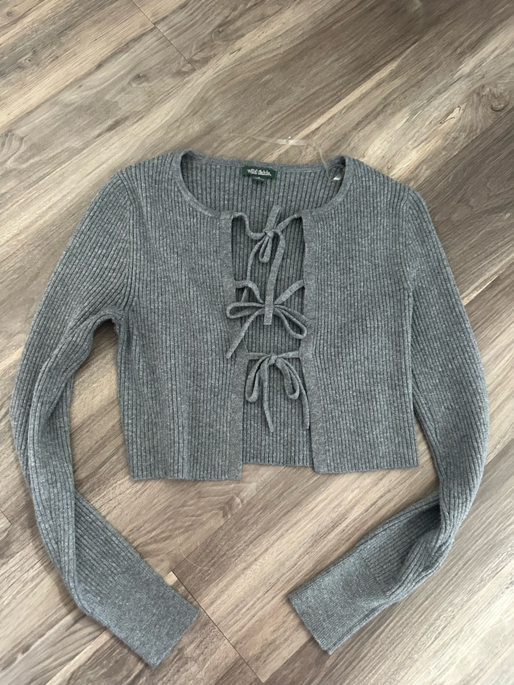 wild fable Gray Ribbed Tie-Front Crewneck Sweater